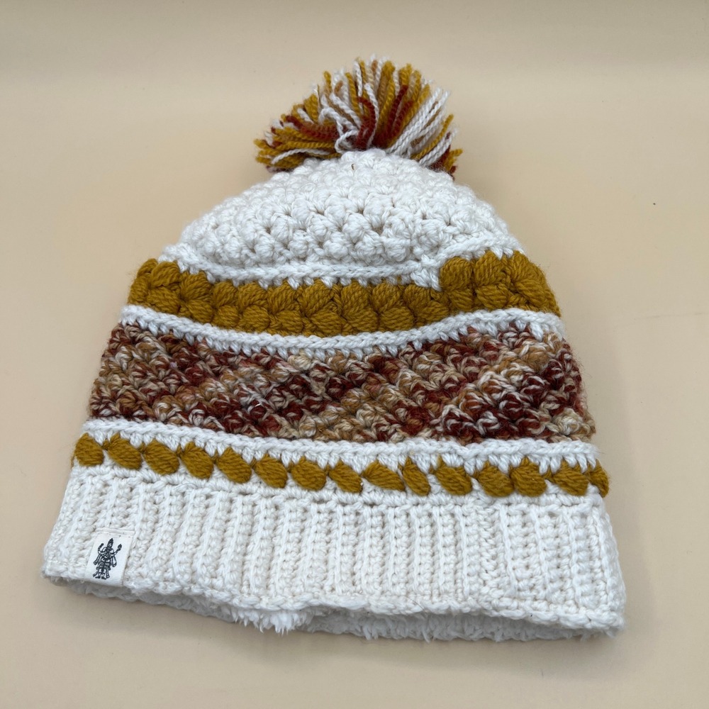 Nirvanna Designs Merino Wool Crochet Beanie Pom Pom Fleece Lined Hat Nepal Cream